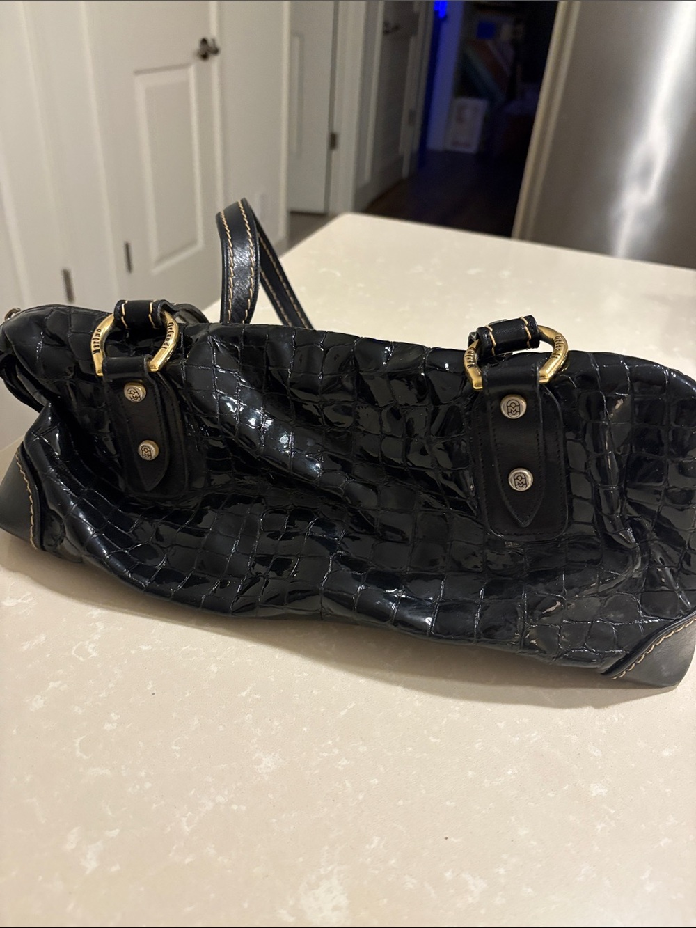 Marino Orlandi Black Croc-Embossed Patent Leather Satchel